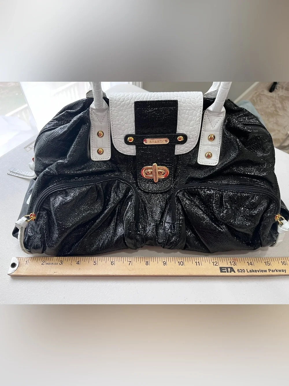 Sharif Studio Black White Faux Croc Patent Large Satchel Bag w/ Gold Hardware